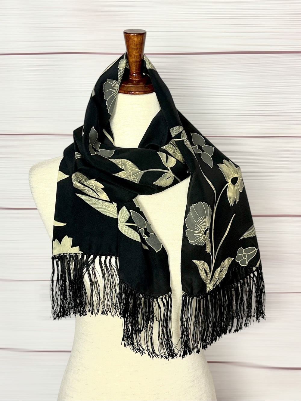 Saldarini Doubled Silk Oblong Scarf Black Cream Floral Fringed Edges Italy